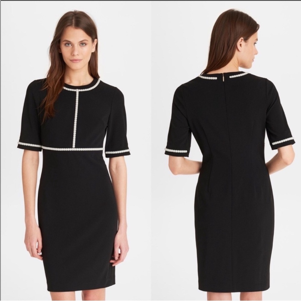 NWT Karl Lagerfeld Paris Crepe Sheath Dress w Pearl Trim Ivory Mesh Piping BLK 6